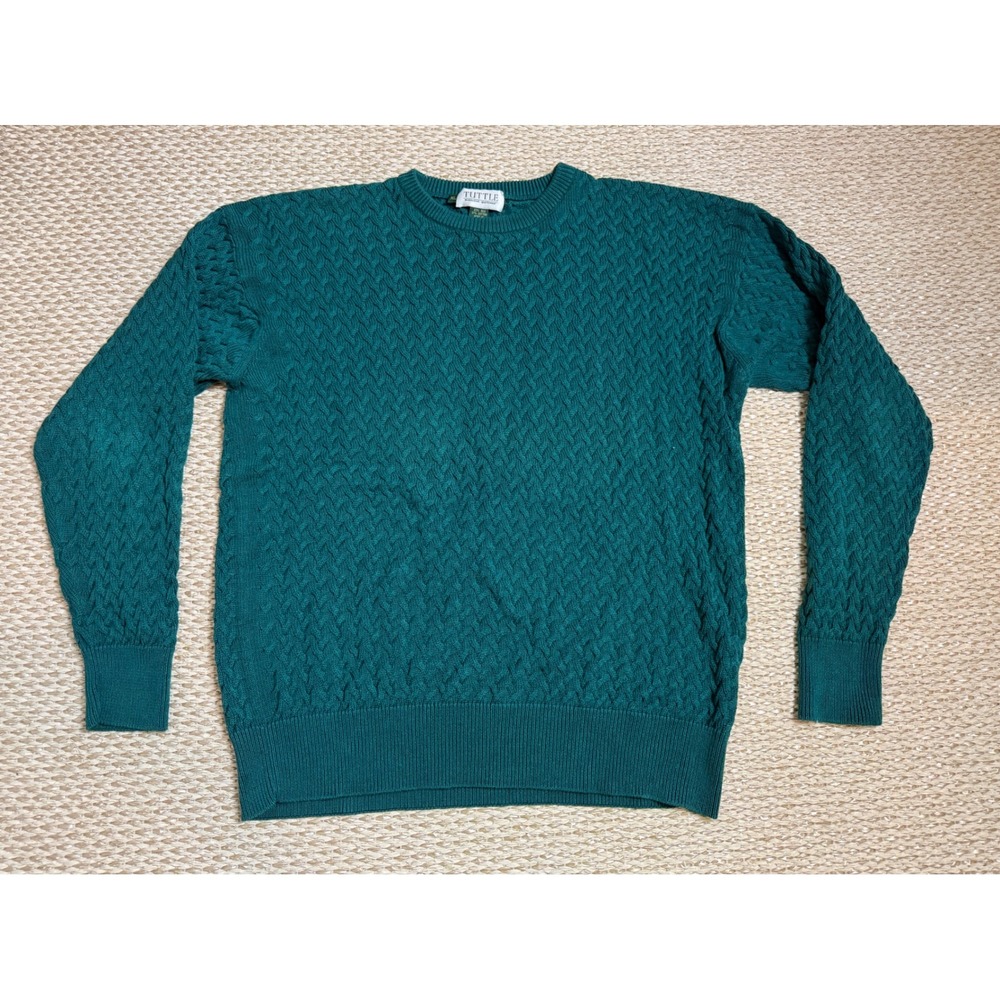 Tuttle Mens XL Silk Cotton Cable Knit Sweater Green Crewneck fisherman preppy‎